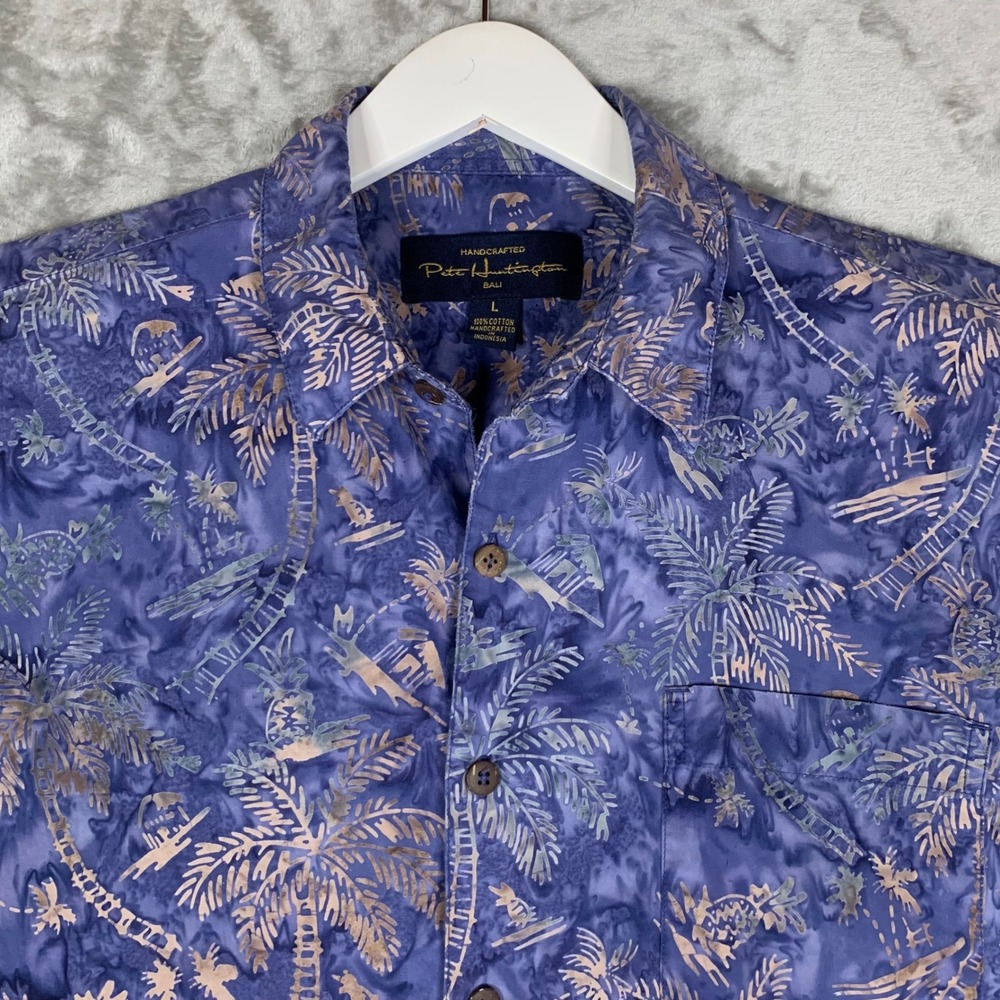 Pete Huntington Button Up Shirt Batik Tropical Palm Tree Cotton Mens L Purple
